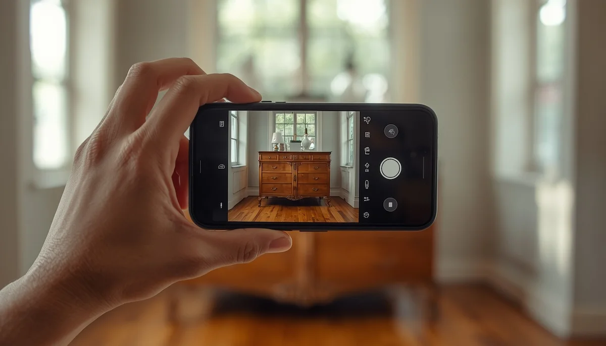 Main tenant un smartphone pour photographier un meuble